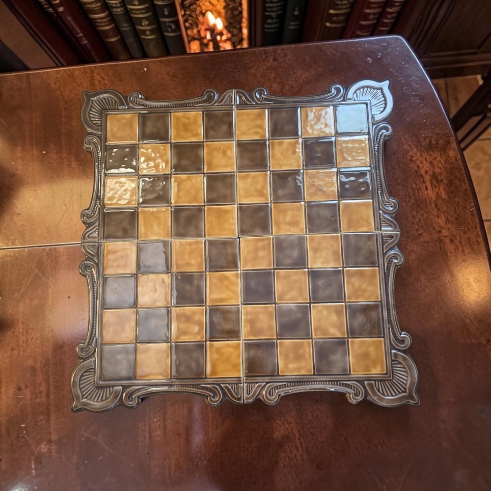 Vintage 4 Piece Ornate Ceramic 
Chessboard Checkers Backgammon